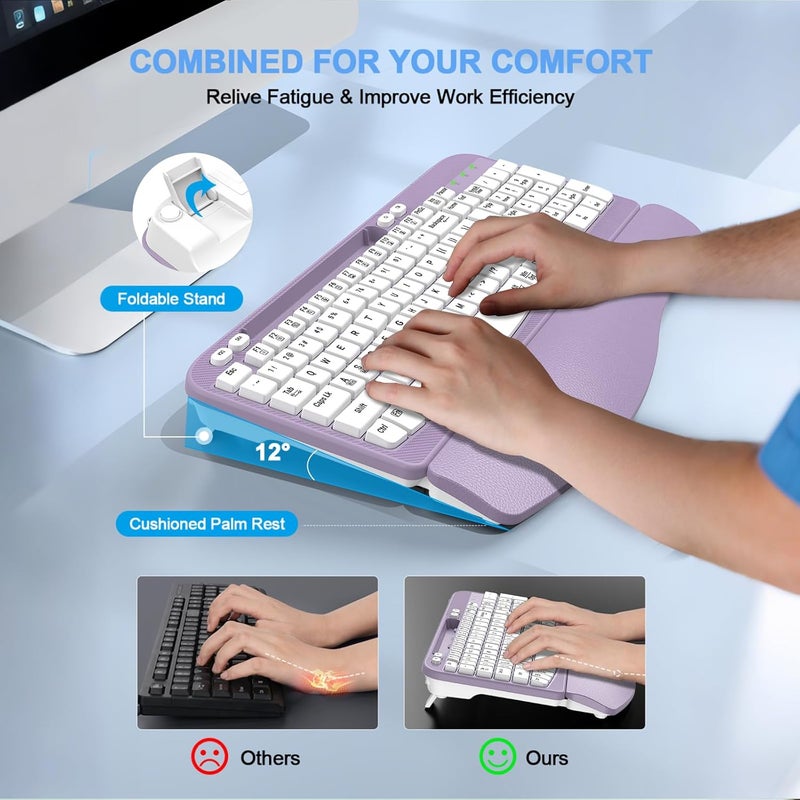 EAYBLLY Ergonomic Wireless Keyboard with Cushioned Wrist Rest, Wave Keys, Phone Holder, Comfortable Natural Typing, 2.4GHz Full Size Cordless USB Computer Keyboard for Windows, Mac OS, Laptop, PC (Purple) - Image 2